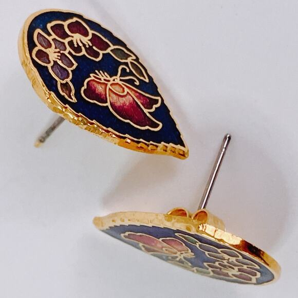 VTG Cloisonne Butterfly Floral Stud Earrings Red Blue Enamel Gold Tone Colorful - Picture 7 of 9